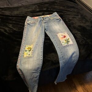 Younique Blue Straight Leg Jeans with Colorful Patches